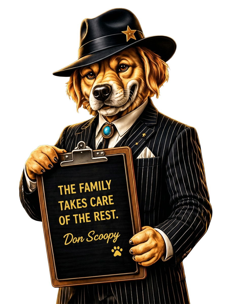 Don Scoopy in a pinstripe suit holding a clipboard that reads The Family Takes Care Of The Rest