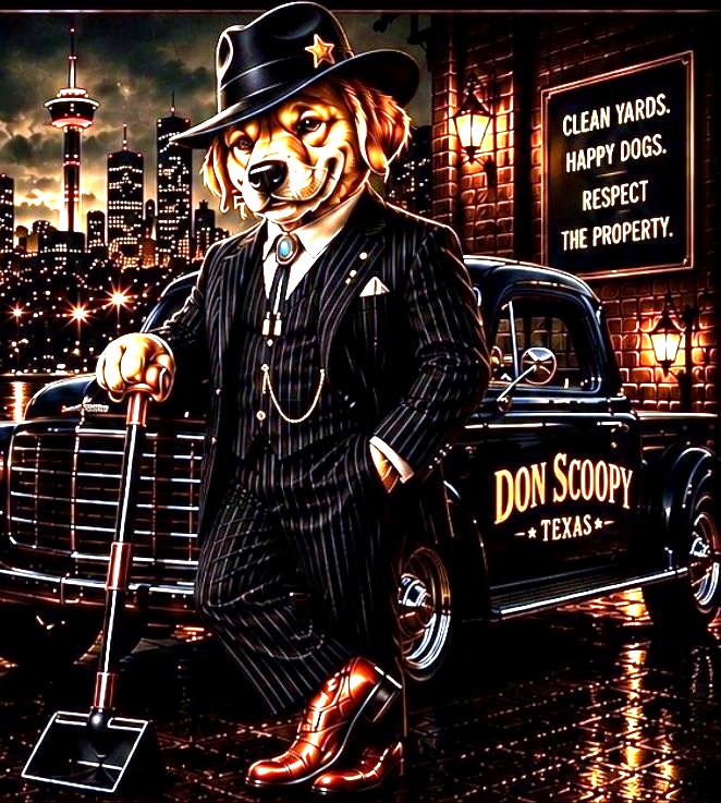 Don Scoopy in a pinstripe suit leaning on a brass-handled pooper scooper beside a vintage black car with the San Antonio skyline behind him and a sign reading Clean Yards Happy Dogs Respect the Property