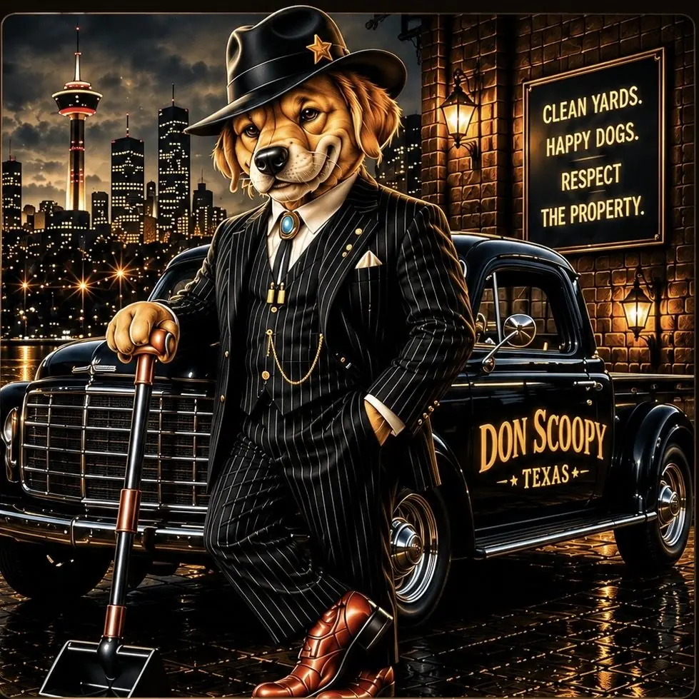 Don Scoopy in a pinstripe suit leaning on a brass-handled pooper scooper beside a vintage black car with the San Antonio skyline behind him and a sign reading Clean Yards Happy Dogs Respect the Property